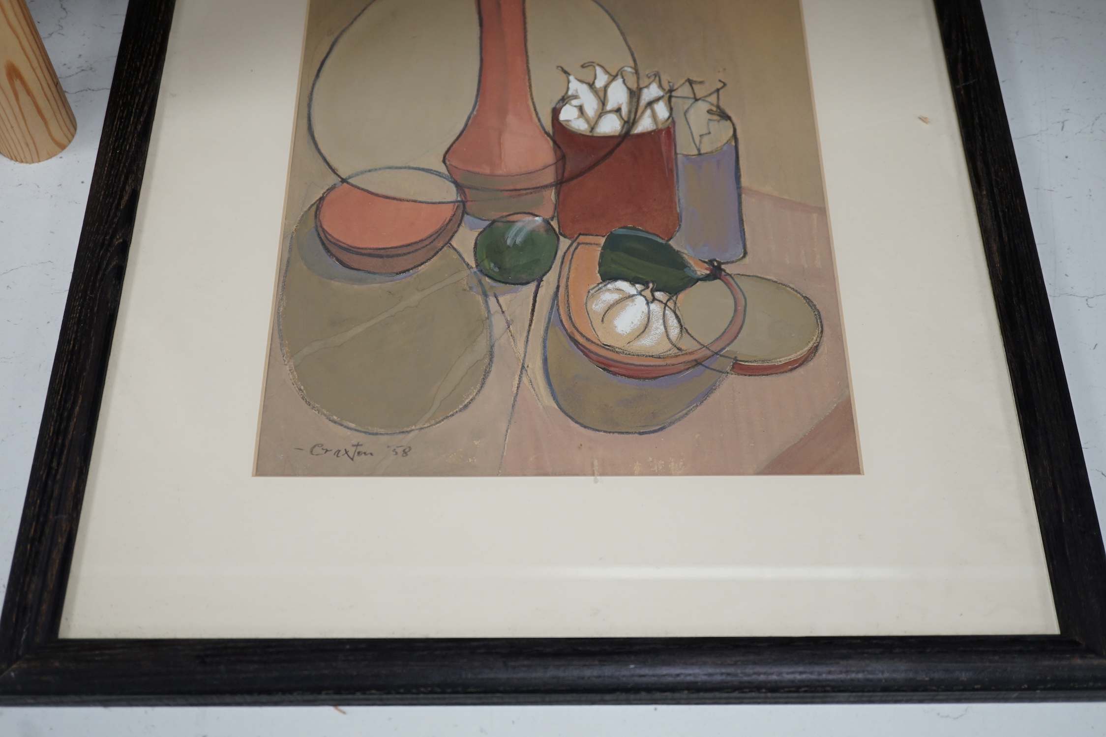 After John Craxton (1922-2009), charcoal and gouache on paper, Still life of jars and vegetables, 33 x 26cm. Condition - good